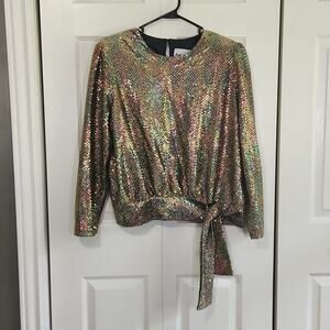 Vintage Another Thyme Gold Tie Waist Blouse Size Large Disco New Years Holiday